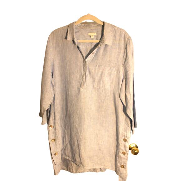 J. Jill Love Linen Blue and White Striped 3/4 Sleeve Tunic Blouse sz L - Picture 1 of 3